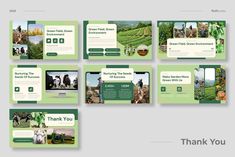 a set of green powerpoint presentation slides with people and animals in the field on them