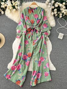 Floral Print Green Wrap Kimono Belted Casual Jumpsuit Jumpsuit With Belt, Green Kimono, Vibrant Bouquet, Wrap Jumpsuit, Green Wrap, Lace Leggings, Kimono Wrap, Solid Leggings, Floral Kimono