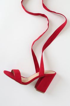 The Lulus Alta Dark Red Suede Lace-Up Heels are the perfect finishing touch to all your flirty sundresses! These on-trend, vegan suede sandals have a single toe strap, and long straps that start at the vamp and wrap and tie above the ankle. 3. 75" wrapped block heel. Lightly cushioned insole. Rubber sole has nonskid markings. All vegan friendly, man made materials. Imported. Lulus | Alta Dark Red Suede Lace-Up Heels | Size 5 | Vegan Friendly. Strappy Suede Sandals For Party, Summer Strappy Suede Heels, Summer Party Heels In Suede, Summer Party Suede Heels, Red Suede Ankle Strap Heels, Suede Ankle Strap Heels For Summer, Summer Suede Ankle Strap Heels, Summer Suede Heels With Wrapped Heel, Spring Strappy Suede Heels