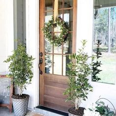 two potted plants are sitting on the front step of a house, next to a door