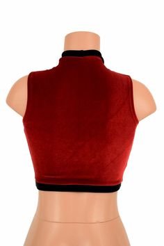 "This item is made to order, please read all the way through the listing before purchasing! This crop top is made from four way stretch lycra spandex in soft, super luscious red velvet fabric. Black velvet fabric accents around the middle opening, neckline, and hemline. It features a keyhole design in front, with a high back, and fits like a glove! TOP LENGTH: Underarm to hemline measures 8\" Womens Sizing (See below for instructions on where measurements should be taken) XXS: Bust 29\"-30\" / W Sleeveless Stretch Crop Top For Club, Stretch Sleeveless Vest For Club, Fitted Tank Vest For Club, Red Fitted Cropped Halter Top, Fitted High Neck Halter Top, Red Cropped Fitted Tank Top, Red Fitted Cropped Tank Top, Red Fitted Crop Top For Club, Fitted Red Crop Top For Club