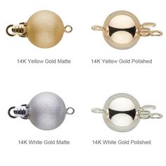 four different types of gold and silver balls with chain attachments on each one side