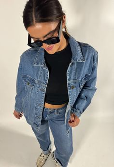 Cozy up for fall in this vintage-inspired oversize jacket. Featuring a slightly worn feel, this jacket is a medium wash to fit all of your aesthetics. 99% Cotton, 1% Spandex Model is wearing size Small Casual Distressed Fall Outerwear, Casual Fall Distressed Outerwear, Grunge Washed Outerwear With Relaxed Fit, Oversized Distressed Denim Jacket For Fall, Retro Dark Wash Relaxed Fit Outerwear, Oversized Distressed Grunge Outerwear, Relaxed Fit Grunge Denim Jacket For Fall, Grunge Relaxed Fit Denim Jacket For Fall, Fall Grunge Relaxed Fit Denim Jacket