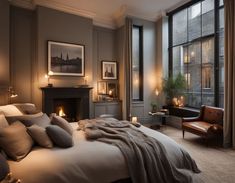 a bedroom with a bed, chair and fireplace in front of two windows that have candles on them