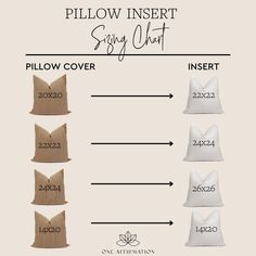 the pillow inserts for pillows are shown in different sizes and colors, along with measurements