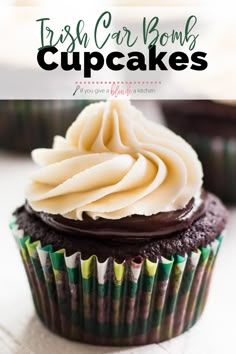 a chocolate cupcake with white frosting on top and the title overlay reads, fresh car bomb cupcakes