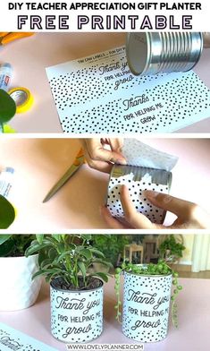 the instructions to make a diy teacher appreciation gift planter with free printable labels