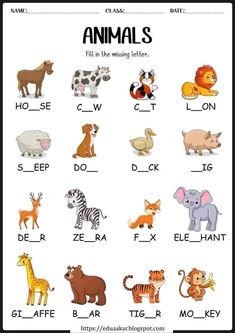 animals fill in the missing letters on this worksheet to learn basic english words