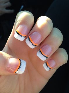 Halloween nails! Orange, black, and glitter French tip! My best nails yet French Tip Nail Designs, Christmas Nails Acrylic, Halloween Nail Art