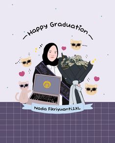 a woman holding a bouquet of flowers in front of a laptop computer with the words happy graduation written on it