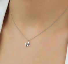 14K Solid White Gold Small Initial Necklace, Letter M Necklace Letter M Necklace, Small Initial Necklace, Star Wedding Band, Handmade Wedding Band, M Necklace, Gold Initial Necklace, Dainty Initial Necklace, Plain Wedding Band, Initial Necklace Gold