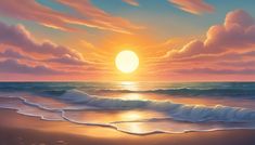 a painting of the sun setting over the ocean with waves coming in to shore and clouds