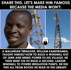 a facebook page with an image of a man in front of a radio tower and the caption, share this, let's make him famous