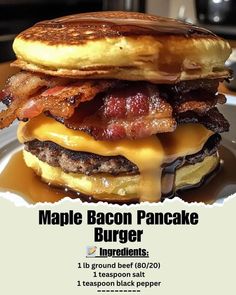 a bacon cheeseburger is shown on a plate with maple bacon pancake burgers