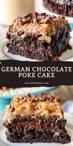 german chocolate poke cake on a white plate