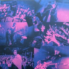 a collage of photos with the rolling stones in purple and blue on black paper