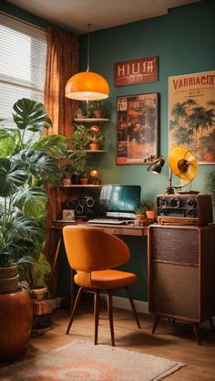 a room with green walls and plants in the corner, an orange chair sits next to a desk