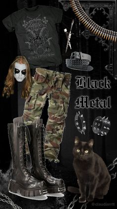 Metal, metalhead, mayhem, corpse paint, metalhead outfit, moodboard, black, black cat, boots, alternative, alt Mayhem Corpse Paint, Metalhead Boots, Metalhead Clothes, Black Metal Outfit, Metal Head Outfits, Metalhead Outfits, Metal Outfits, Boots Alternative