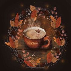 a painting of a cup of coffee with leaves around it