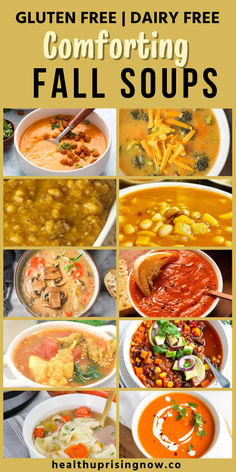 An assortment of healthy soup recipes that are also gluten free and/or dairy free. Gluten Free Dairy Free Fall Soups, Hearty Gluten Free Soups, Fall Soup Recipes Non Dairy, Non Dairy Creamy Soup Recipes, Gf Soups And Stews, Dairy Free Gluten Free Soups, Fall Dinner Recipes Dairy Free, Soup Recipes Without Dairy, Soups Without Dairy