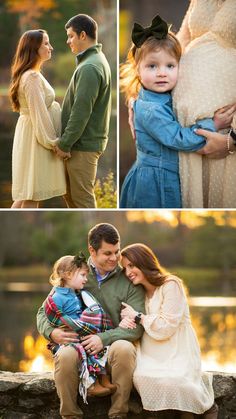 a family is posing for pictures in the fall and winter