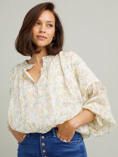 If you need us we'll be daydreaming in this sweet cream floral top with blouson sleeves and frill neckline. An elasticized hem and cuffs ensures a flattering fit. Wear yours with high waisted denim or cropped linen pants. Fit: TTSFabric Content: 65% Cotton 30% Polyester 5% SpandexFabric Care: Machine Wash Cold Gentle Cycle, lay flat to dryMeasurements: 21.5" Shoulder to hemLining: NoZipper: No S:0-2 M:4-6 L:8-10 Linen Pants Fit, Floral Blouse Outfit, Polished Casual, Heart Clothes, Cropped Linen Pants, Romantic Country, Sweet Cream, Pants Fit, Dressed To Kill