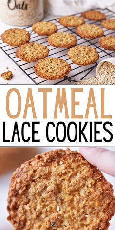 oatmeal lace cookies on a cooling rack and in the background is a jar of oatmeal