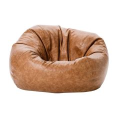 a brown leather bean bag chair on a white background