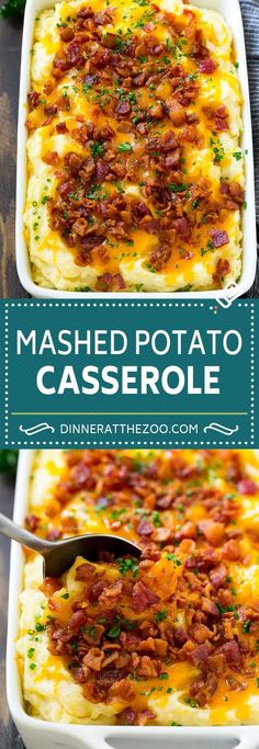 mashed potato casserole in a white dish with bacon and cheese on top