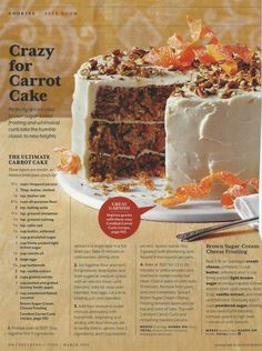 a magazine page with a cake on the front and back cover, in red lettering that reads crazy for carrot cake