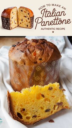 This image details how to make an authentic Italian panettone. It shows a perfectly baked panettone with a caramelized top and a soft, airy slice filled with raisins and candied fruit. The bright yellow crumb hints at the rich ingredients used, making it ideal for holiday festivities. Easy Panettone Recipe, Italian Christmas Desserts, Italian Panettone, Panettone Recipe, Christmas Bread, Gf Desserts, Holiday Dessert, Italian Cookies, Homemade Italian