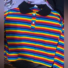 Bought From Romwe ! Never Worn, Only Tried On Great For Pride Events Or Any Clowncore Look You Wanna Go For! :3 Very Stretchy, Soft, And Has Black Stretchy Cuffs Kidcore Shirt, Clowncore Fashion, Clowncore Outfit, Kidcore Clothes, Jester Outfit, Pride Fashion, Striped Shirts, Rainbow Outfit, Pride Outfit