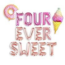 the words four ever sweet are spelled with ice cream and donuts in pink letters