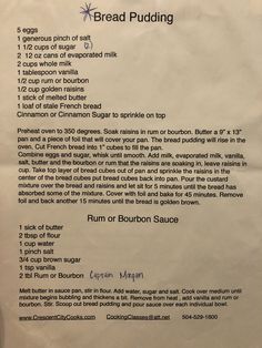 a recipe for bread pudding is shown on a white piece of paper with black writing