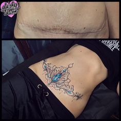 a woman's stomach with tattoos on it and the bottom part of her stomach