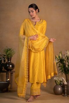 Shop for Pants and Pajamas Yellow Modal Silk Zardozi Embroidered Neckline Kurta Set for Women Online at Aza Fashions Women Kurta, Silk Bottoms, Embroidered Pants, Straight Kurta, Embroidered Neckline, Indian Fashion Designers, Kurta With Pants, Silk Dupatta, Boutique Fashion