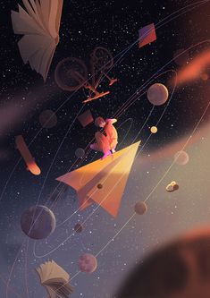 an artist's rendering of the solar system with paper airplanes and books floating in space