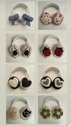 several crocheted headphones with hearts on them are shown in different sizes and colors