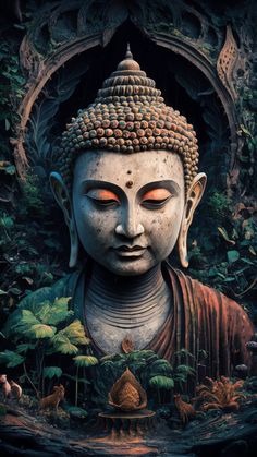 a buddha statue in the middle of a forest