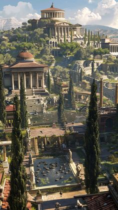 an aerial view of the ancient city with roman ruins and trees in front of it