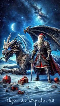 a painting of a santa claus and a dragon in the snow with gifts under them