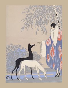 an illustration of a woman and two deer in the snow