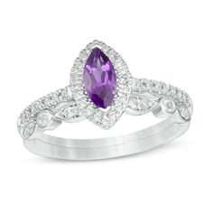 Celebrate your unique love story with this vintage-inspired gemstone bridal set. Crafted in cool 10K white gold, the engagement ring sparkles with an 8.0 x 4.0mm marquise-shaped bright purple amethyst wrapped in a frame of and atop a slender shank lined with glimmering petite lab-created white sapphires. On your wedding day, complete her keepsake look with the coordinating band decorated with alternating created sapphire-adorned marquise shapes and bezel-set created sapphires. Buffed to a brilli Beautiful Symbols, Engagement Rings Marquise, Simple Diamonds, Peoples Jewellers, Bridal Engagement Rings, Sparkling Rings, Bright Purple, Purple Stones, Sapphire Stone