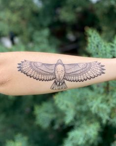 an owl tattoo on the arm of a person