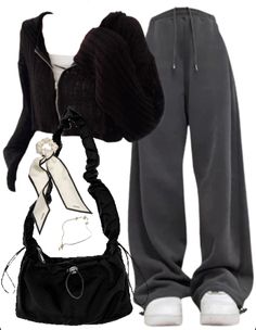 OOTD: Zip Up Hoodie + Baggy Sweatpants + Shirring String Shoulder Bag What Colors Go With Gray Outfits, Dark Gray Sweatpants Outfit, Baggy Sweatpants, Everyday Fashion Outfits, Simple Trendy Outfits, Cute Everyday Outfits, Really Cute Outfits