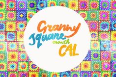 the logo for granny square month cal on a multicolored background with colorful squares