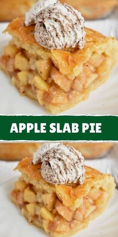 apple slab pie on a white plate with the words apples slab pie in green above it