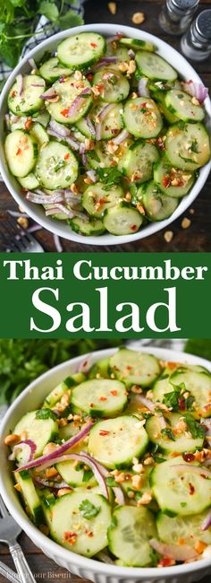 two bowls filled with cucumber salad on top of a wooden table