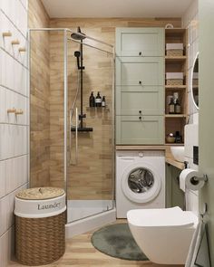 a washer and dryer in a bathroom with wood paneling on the walls