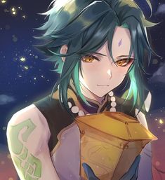 an anime character with green hair and piercings holding a paper lantern in her hand